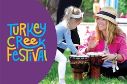 Turkey Creek Festival Logo with photo of mom and child playing drums
