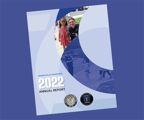 An image of the cover of the 2022 Police Annual Report. It's dark and light blue the shows a woman police officer and a child at a community event. 