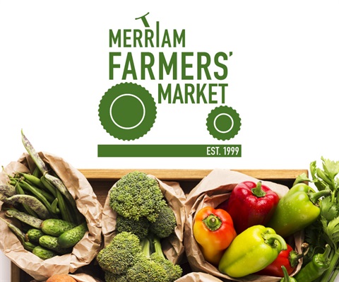 Merriam Farmers' Market in green text in the shape of a tractor with fresh produce underneath.