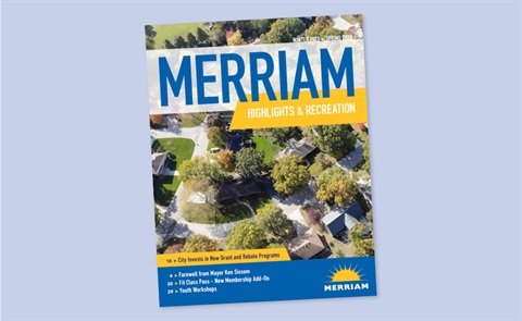 Highlights  Cover - Merriam Highlights with an aerial view of a Merriam neighborhood. Trees are green and turning yellow.
