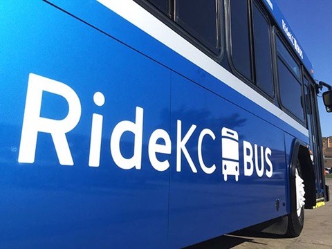 RideKC in white written on a blue bus.