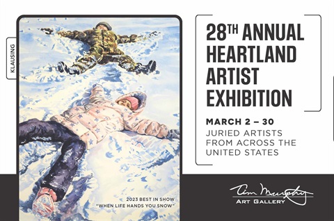 A painting of two children plopped down on snow with their arms spread out. To the right of the image it says: 28th Annual Heartland Artist Exhibition March 2-30 Juried Artists from across the United States.
