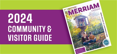 The cover of the 2024 Community and Visitor Guide (two children reading on the grass under a Free library) on a green graphic background. Words left of the image read 2024 Community & Visitor Guide in white lettering on a purple background
