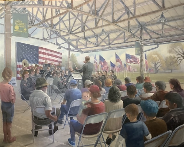 painting that shows a large crowd listening to a military band. An American flag hangs behind the band. a baby is facing the viewer.