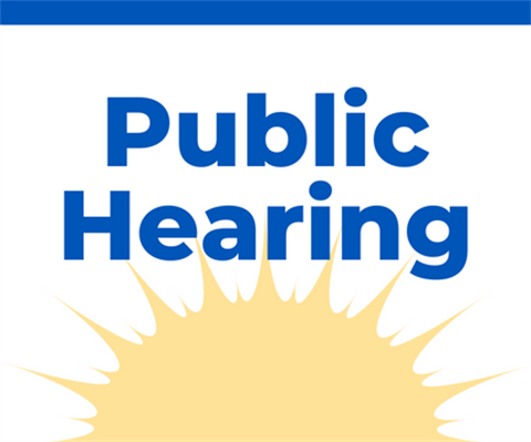 Public Hearing graphic with a blue line on top and a yellow sun on the bottom