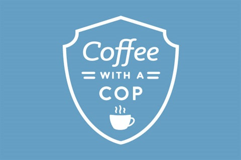 blue gray background with the words coffee with a cop in white letters