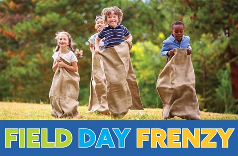 Field Day Frenzy Graphic with kids having a potato sack race