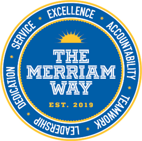 Merriam Way logo with words excellence, accountability, service, dedication, teamwork and leadership written on it in the colors blue, yellow, and white.